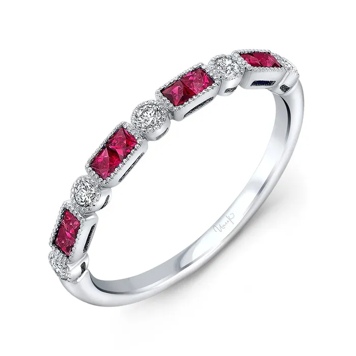 Rings Croghans Ruby Diamond Milgrain 14K White Gold Halfway Band
