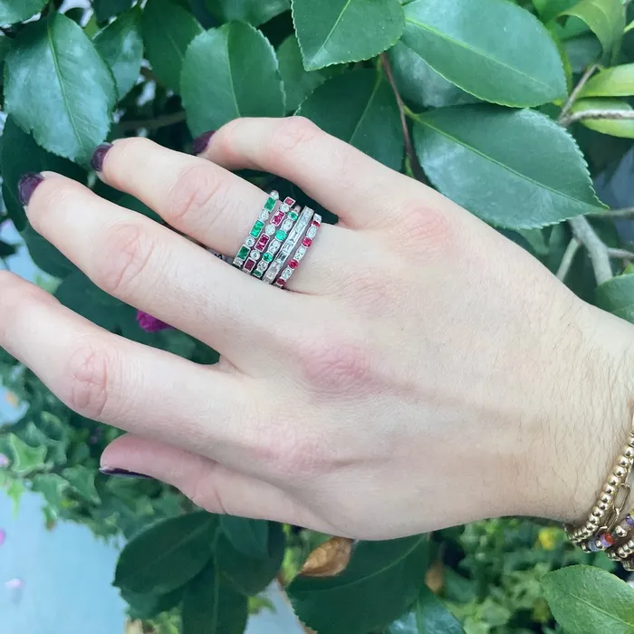 Rings Croghans Ruby Diamond Milgrain 14K White Gold Halfway Band