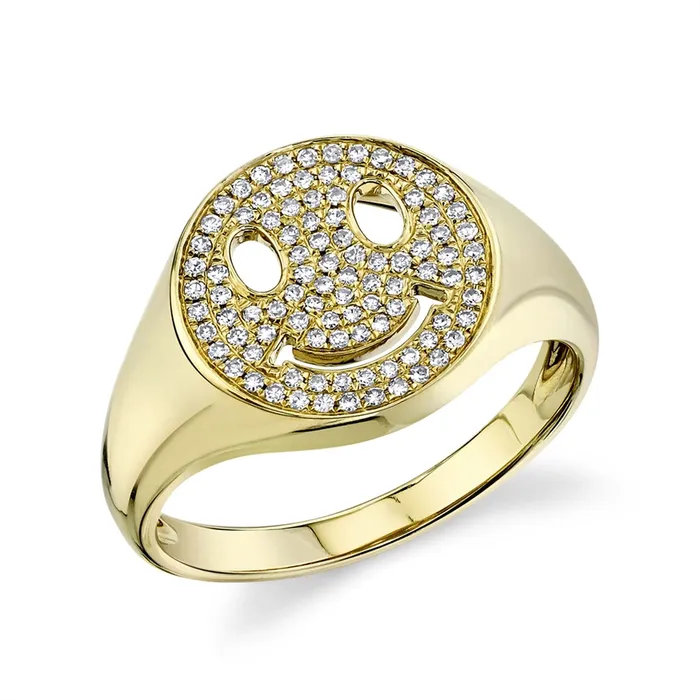 Rings Meierotto Jewelers 14K Yellow Gold Pave Diamond Smiley Signet Ring