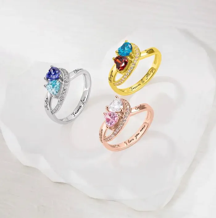 Rings Personalized Double Heart Birthstone Ring with Custom Engraving Unique Birthstone Jewelry for Women Belbren