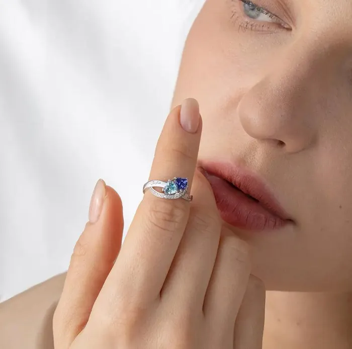 Rings Personalized Double Heart Birthstone Ring with Custom Engraving Unique Birthstone Jewelry for Women Belbren