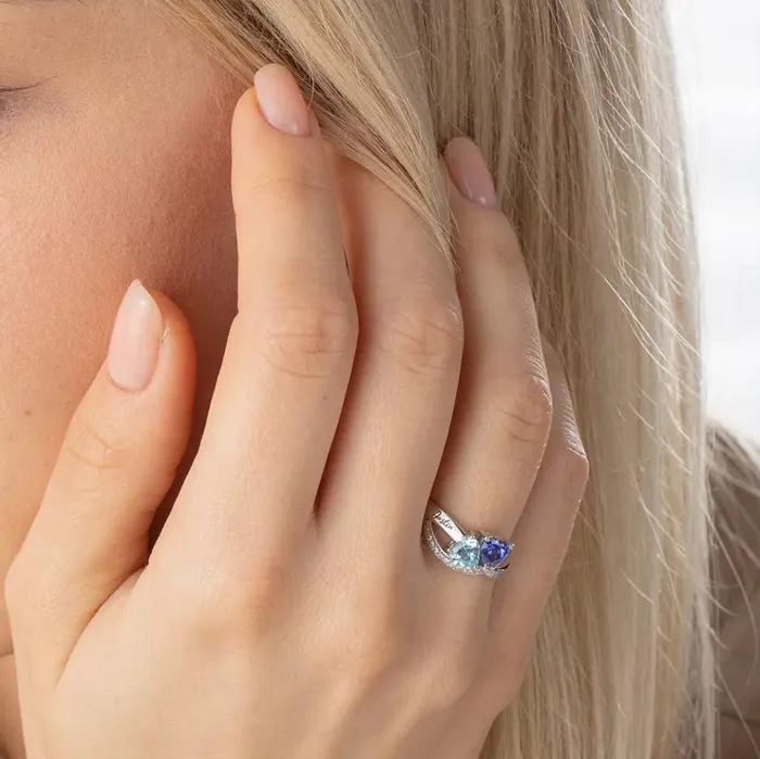 Rings Personalized Double Heart Birthstone Ring with Custom Engraving Unique Birthstone Jewelry for Women Belbren