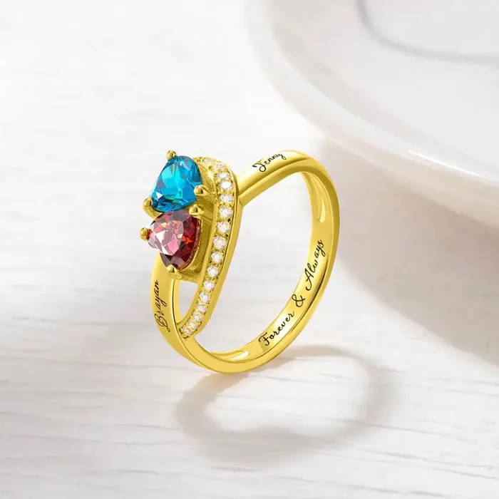 Rings Personalized Double Heart Birthstone Ring with Custom Engraving Unique Birthstone Jewelry for Women Belbren