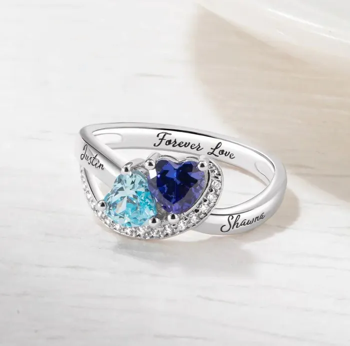 Rings Personalized Double Heart Birthstone Ring with Custom Engraving Unique Birthstone Jewelry for Women Belbren
