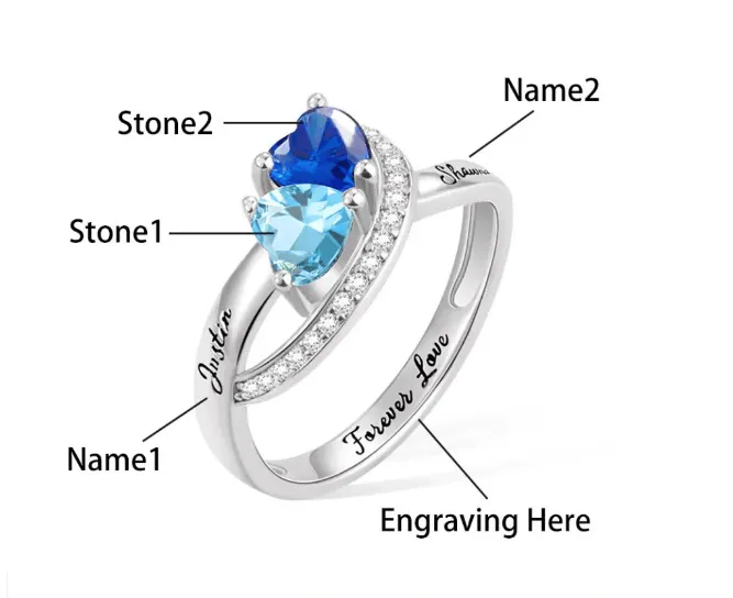 Rings Personalized Double Heart Birthstone Ring with Custom Engraving Unique Birthstone Jewelry for Women Belbren