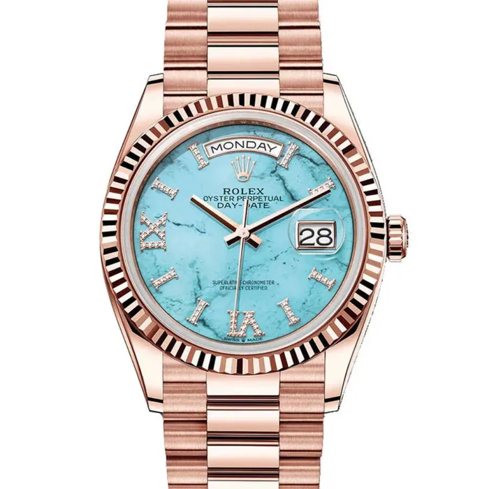 Rolex Bracelets Rolex Day Date 40mm Ref 128235 Tiffany Blue Turqouise Roman Dial Fluted Bezel 18K Rose Gold President Bracelet Mens Watch