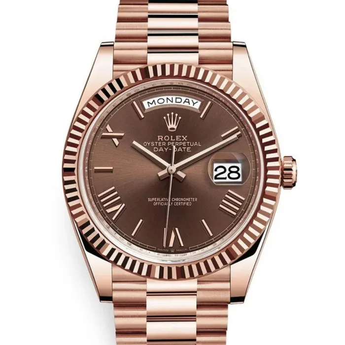 Rolex Bracelets Rolex Day Date 40mm Ref 2282350002 Chocolate Roman Dial Fluted Bezel 18K Rose Gold President Bracelet Mens Watch