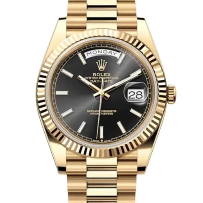 Rolex Bracelets Rolex Day Date 40mm Ref 228238 Black Stick Dial Fluted Bezel 18K Yellow Gold President Bracelet Mens Watch