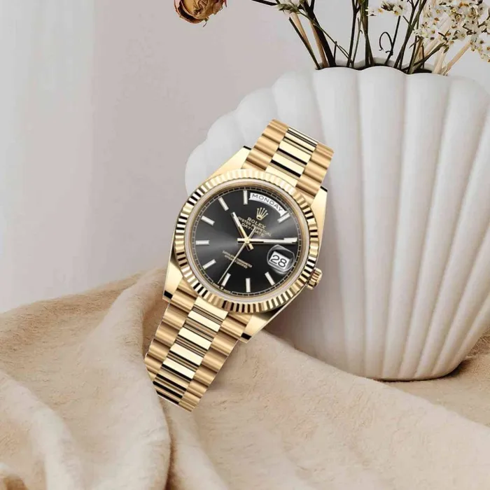 Rolex Bracelets Rolex Day Date 40mm Ref 228238 Black Stick Dial Fluted Bezel 18K Yellow Gold President Bracelet Mens Watch