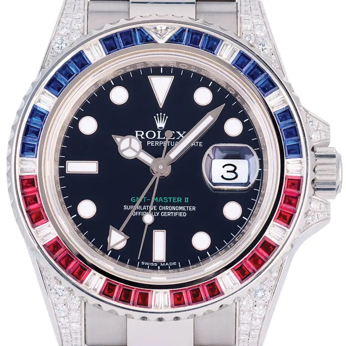 Rolex Bracelets Rolex GMTMaster II 40mm Ref 116759SARU Black Dial Diamond Ruby Sapphire Bezel Diamond Case 18K White Gold Oyster Bracelet Mens Watch