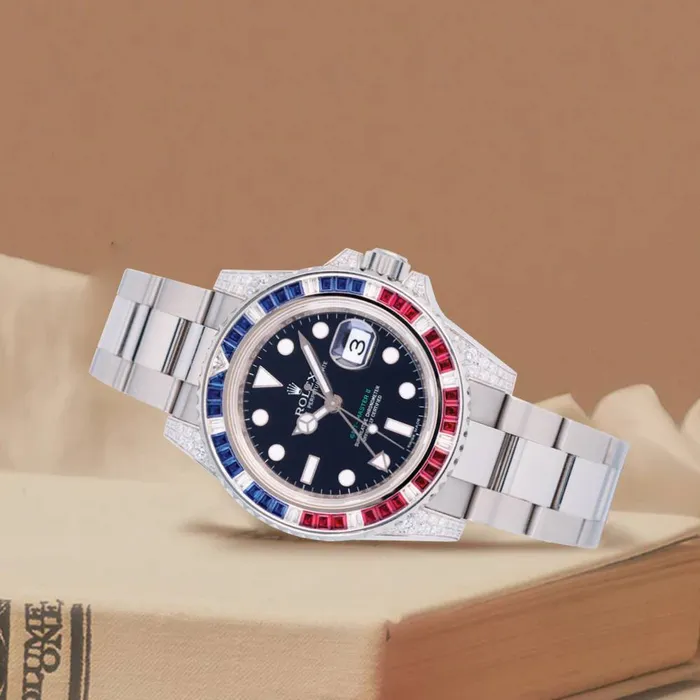 Rolex Bracelets Rolex GMTMaster II 40mm Ref 116759SARU Black Dial Diamond Ruby Sapphire Bezel Diamond Case 18K White Gold Oyster Bracelet Mens Watch