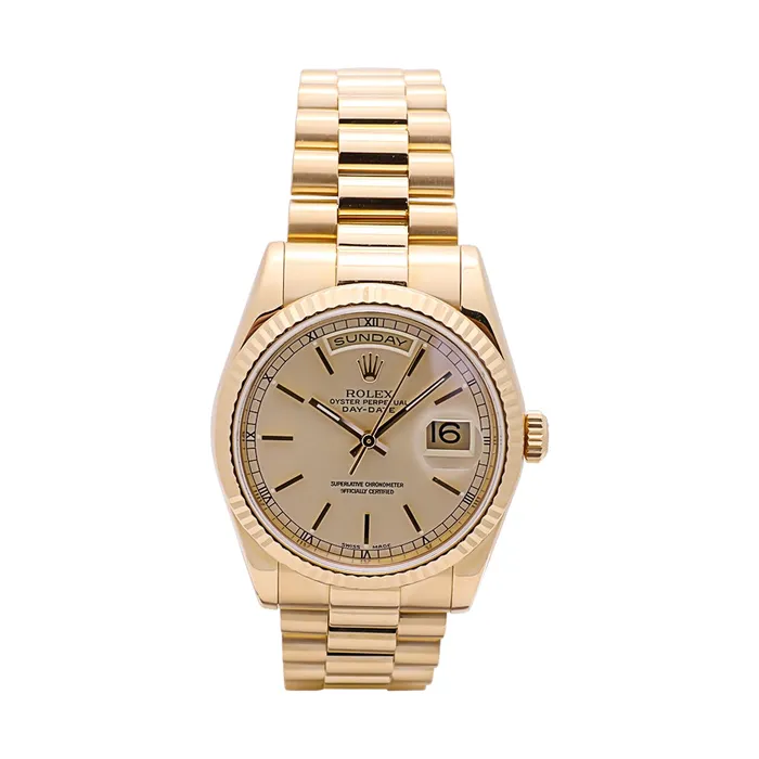 Rolex DayDate 36 18K Yellow Gold Champagne Dial 36mm Automatic Preowned Preowned Rolex PreStyled Sets Rolex DayDate 36 18K Yellow Gold Champagne Dial 36mm Automatic Preowned Preowned Rolex PreStyled Sets