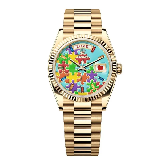 Rolex Day Date 36mm Ref 1282380106 Puzzle Emoji Jigsaw Motif Dial Fluted Bezel 18K Yellow Gold President Bracelet Watch Rolex Bracelets Rolex Day Date 36mm Ref 1282380106 Puzzle Emoji Jigsaw Motif Dial Fluted Bezel 18K Yellow Gold President Bracelet Watch Rolex Bracelets