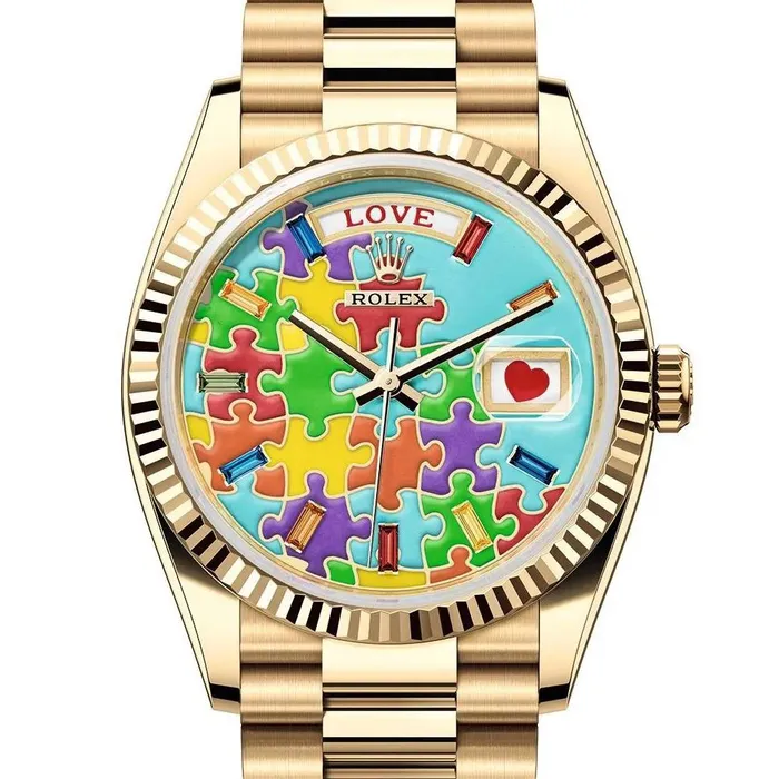 Rolex Day Date 36mm Ref 1282380106 Puzzle Emoji Jigsaw Motif Dial Fluted Bezel 18K Yellow Gold President Bracelet Watch Rolex Bracelets