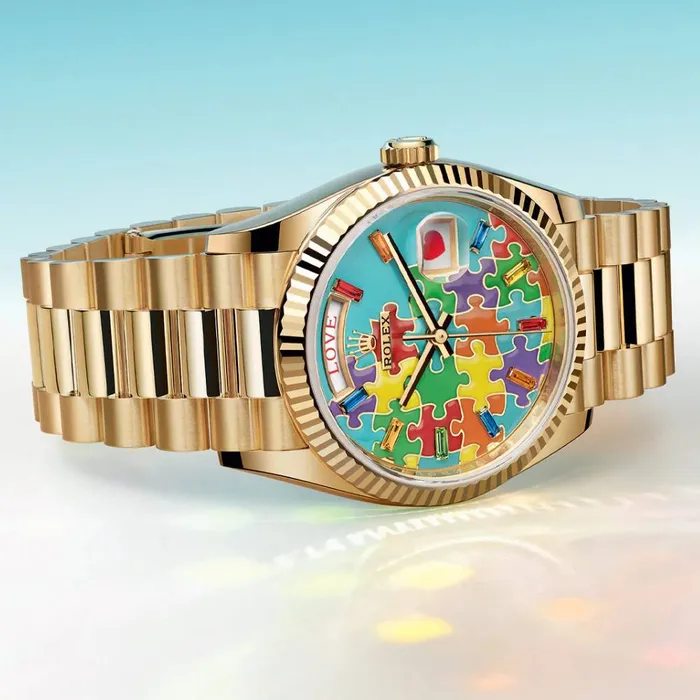 Rolex Day Date 36mm Ref 1282380106 Puzzle Emoji Jigsaw Motif Dial Fluted Bezel 18K Yellow Gold President Bracelet Watch Rolex Bracelets