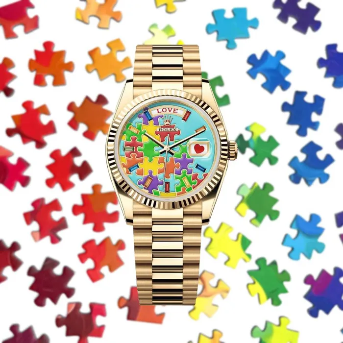 Rolex Day Date 36mm Ref 1282380106 Puzzle Emoji Jigsaw Motif Dial Fluted Bezel 18K Yellow Gold President Bracelet Watch Rolex Bracelets