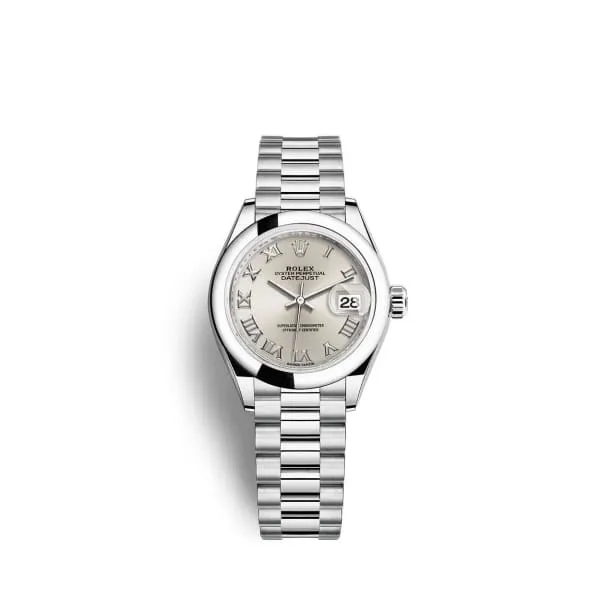 Rolex LadyDatejust 28mm Ref 2791660007 Silver Roman Dial Platinum Presidential Bracelet Womens Watch Rolex Bracelets