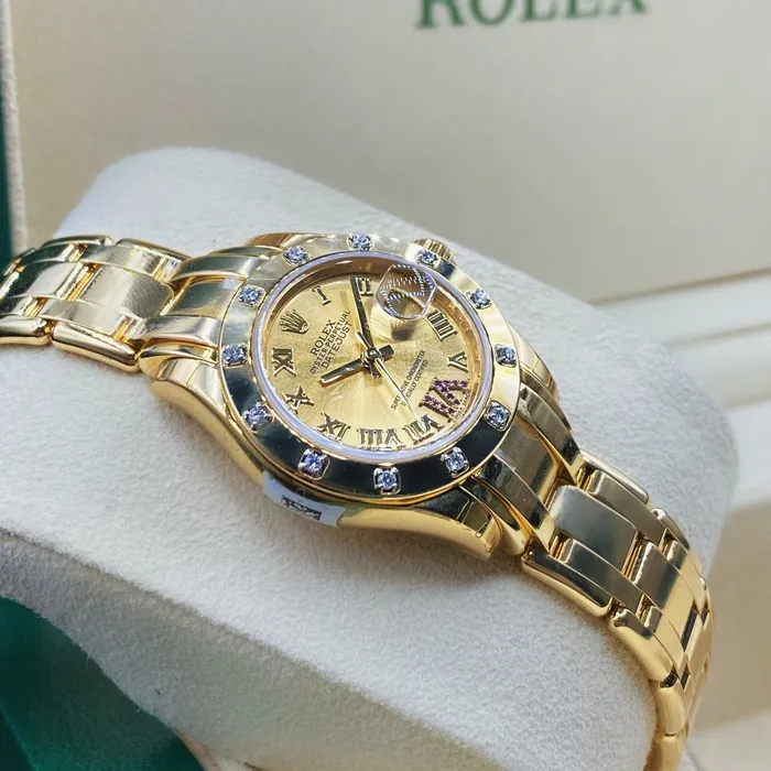 Rolex Pearlmaster 29mm Ref 803180163 Champagne Roman Diamond Dial Diamond Bezel 18K Yellow Gold Bracelet Womens Watch Rolex Bracelets