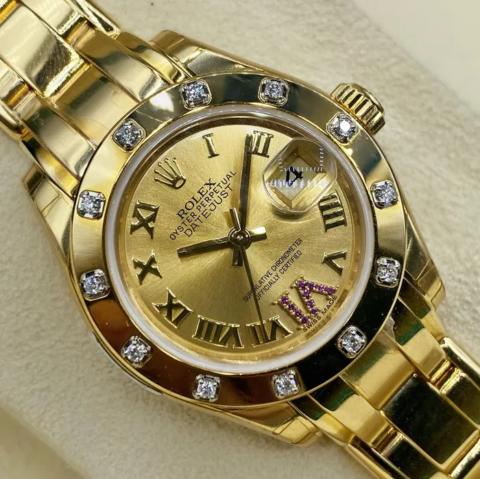 Rolex Pearlmaster 29mm Ref 803180163 Champagne Roman Diamond Dial Diamond Bezel 18K Yellow Gold Bracelet Womens Watch Rolex Bracelets