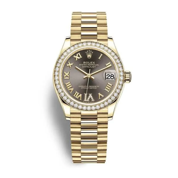 Rolex Rolex Datejust 31mm Ref 278288rbr0026 Dark Grey Roman Diamond Dial Diamond Bezel 18K Yellow Gold President Bracelet Womens Watch Bracelets Rolex Rolex Datejust 31mm Ref 278288rbr0026 Dark Grey Roman Diamond Dial Diamond Bezel 18K Yellow Gold President Bracelet Womens Watch Bracelets