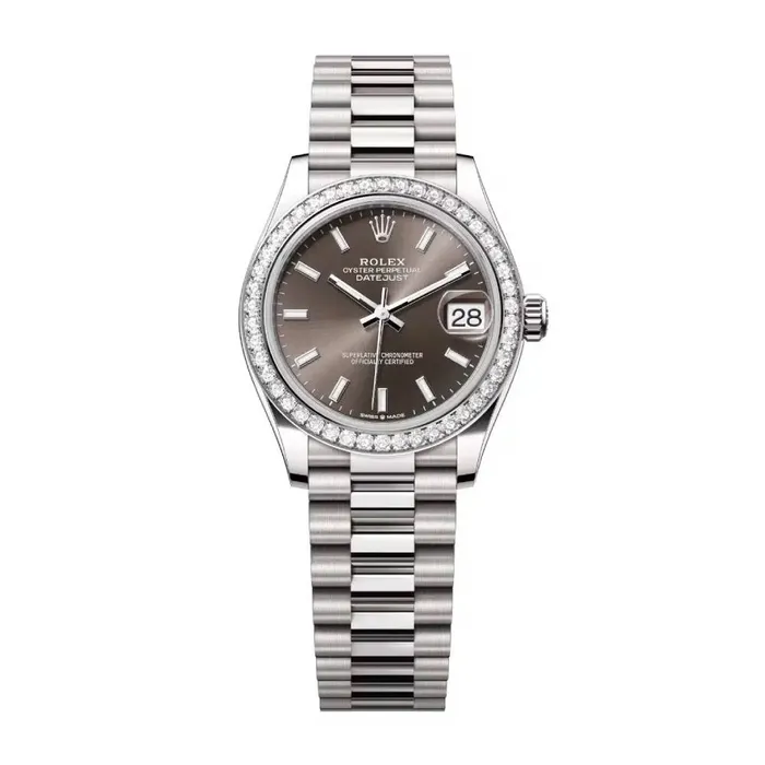 Rolex Rolex Datejust 31mm Ref 278289rbr0014 Dark Grey Stick Dial Diamond Bezel 18K White Gold President Bracelet Womens Watch Bracelets Rolex Rolex Datejust 31mm Ref 278289rbr0014 Dark Grey Stick Dial Diamond Bezel 18K White Gold President Bracelet Womens Watch Bracelets