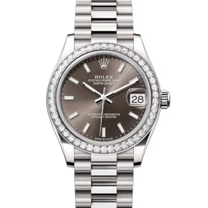 Rolex Rolex Datejust 31mm Ref 278289rbr0014 Dark Grey Stick Dial Diamond Bezel 18K White Gold President Bracelet Womens Watch Bracelets