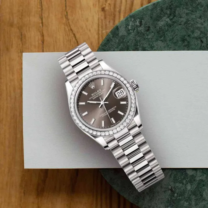 Rolex Rolex Datejust 31mm Ref 278289rbr0014 Dark Grey Stick Dial Diamond Bezel 18K White Gold President Bracelet Womens Watch Bracelets