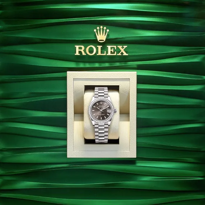 Rolex Rolex Datejust 31mm Ref 278289rbr0014 Dark Grey Stick Dial Diamond Bezel 18K White Gold President Bracelet Womens Watch Bracelets