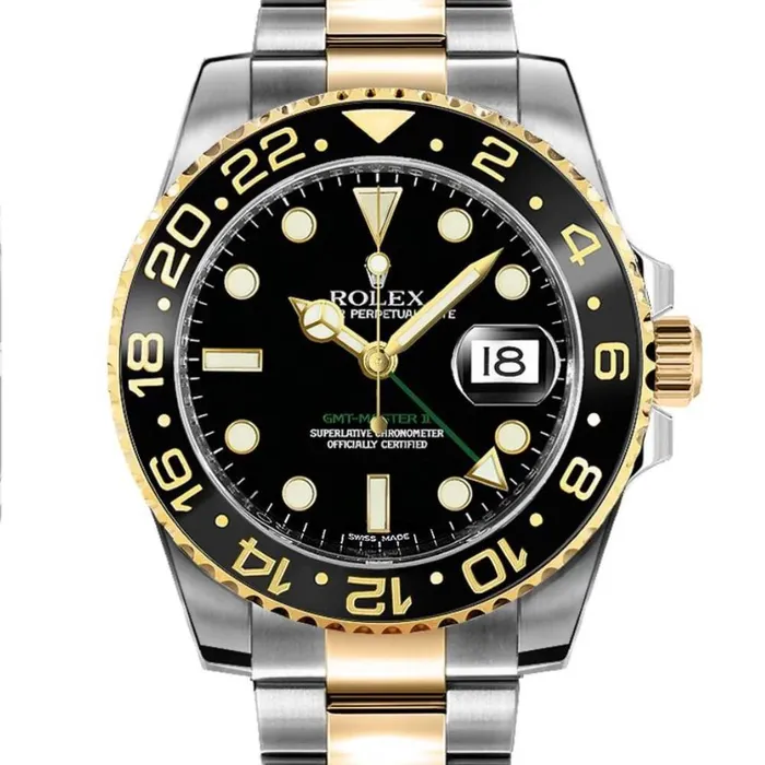 Rolex Rolex GMTMaster II 40mm Ref 116713LN Black Dial Black Bezel Two Tone Stainless Steel 18K Yellow Gold Oyster Bracelet Mens Watch Bracelets
