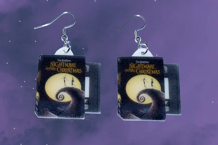 Sam Makes Things Earrings READY TO SHIP The Nightmare Before Christmas 1993 Movie VHS Tape 2D detailed Handmade Earrings