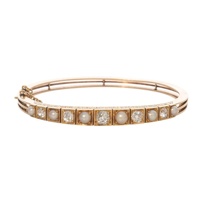 Victorian Pearl Diamond 14K Yellow Gold Bangle Croghans Earrings