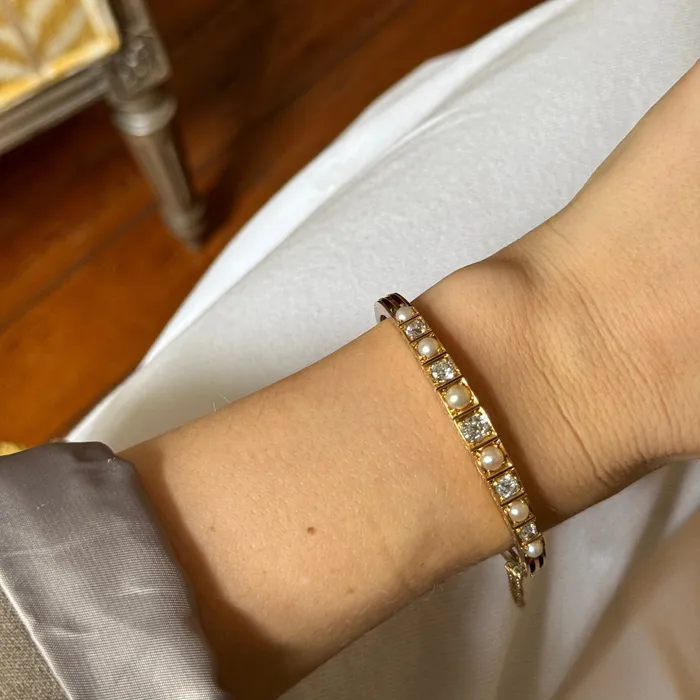 Victorian Pearl Diamond 14K Yellow Gold Bangle Croghans Earrings