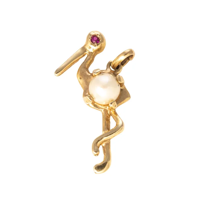 Vintage Pearl 14K Gold Stork Charm Croghans Charm Necklaces