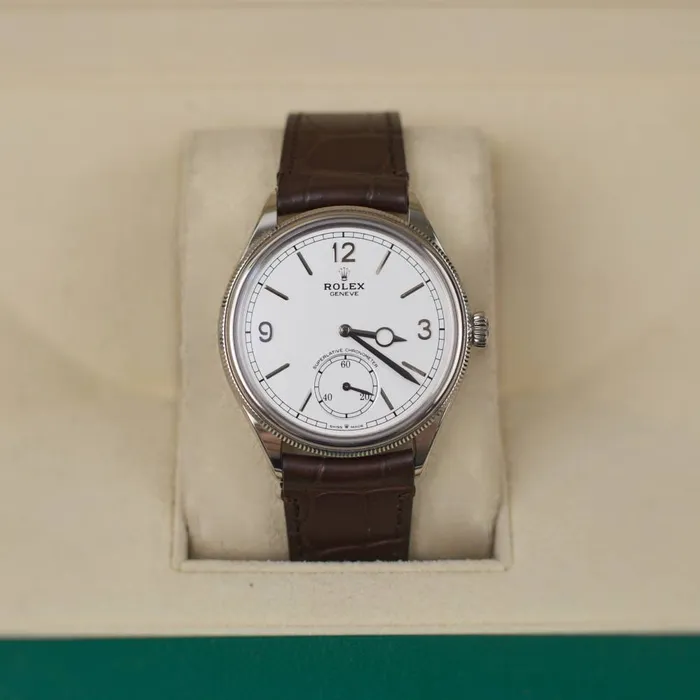 Watches Rolex 2024 Never Worn Rolex 1908 39mm Ref 525090006 White Dial 18K White Gold Case Brown Alligator Leather Strap Watch